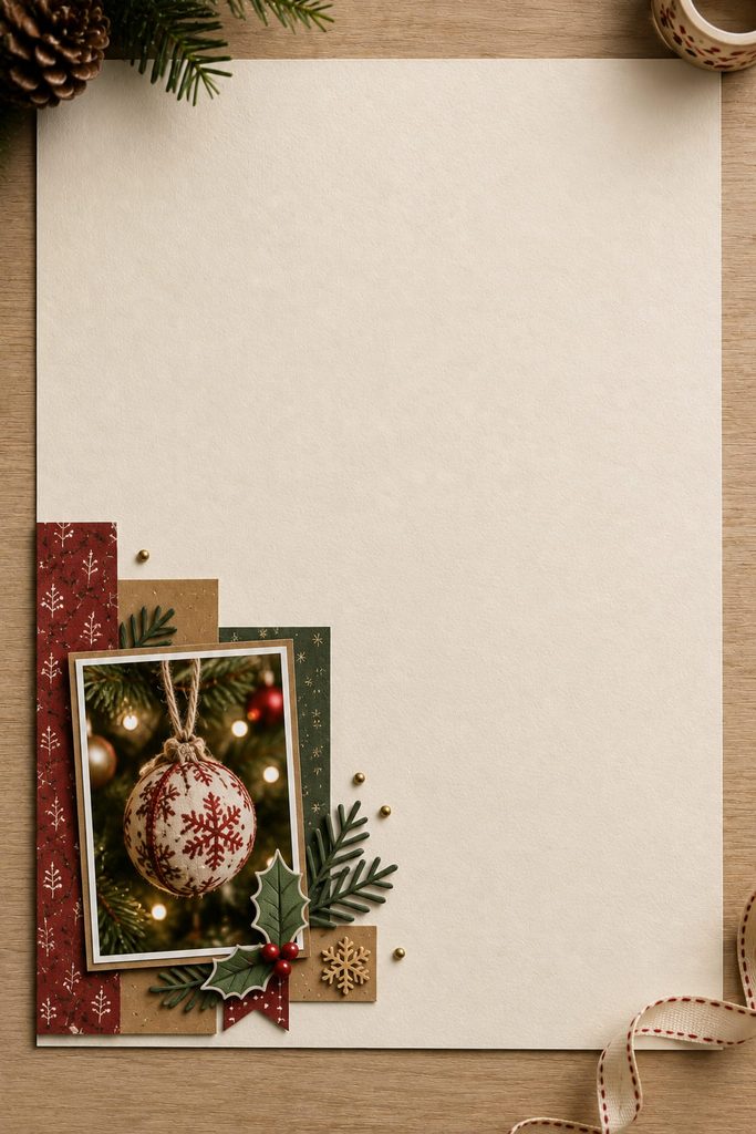 Minimal Christmas scrapbook page with one photo cluster in the lower corner and generous negative space.