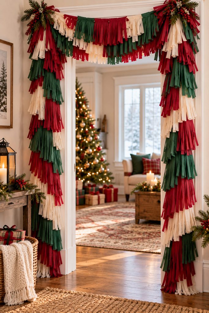 Layered crepe-paper fringe garland framing an open Christmas doorway.