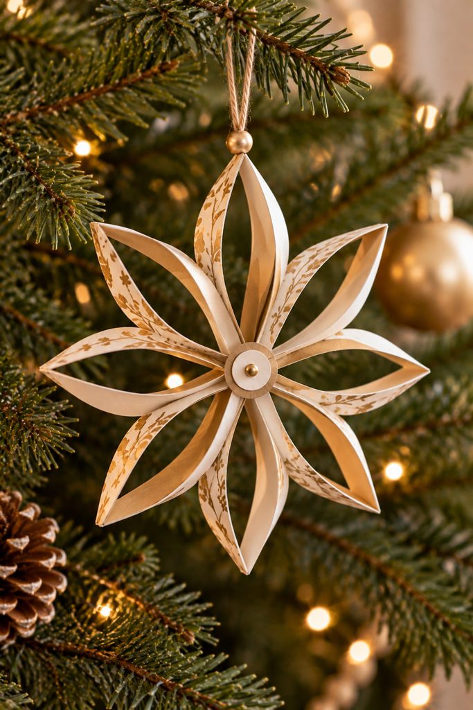 Open paper star ornament built from curled pointed loops around a small center hub.