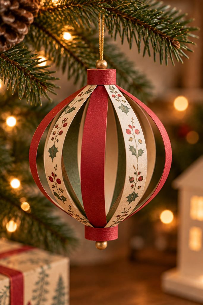Open paper strip bauble ornament with curved bands hanging from a pine branch.