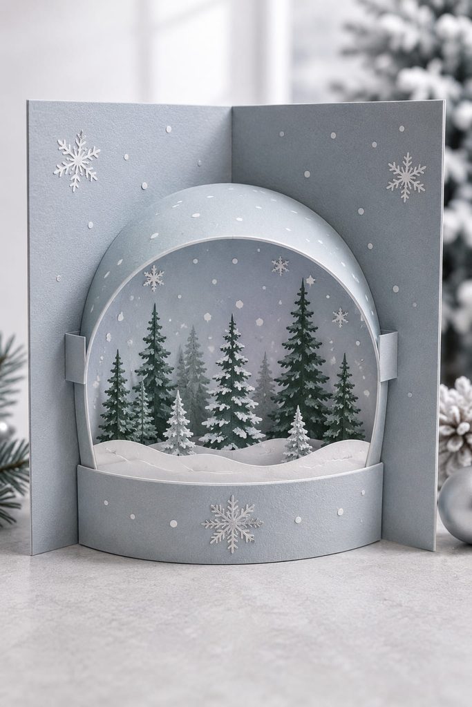 Curved paper snow globe bowing forward over a tiny evergreen snow scene inside an open card.
