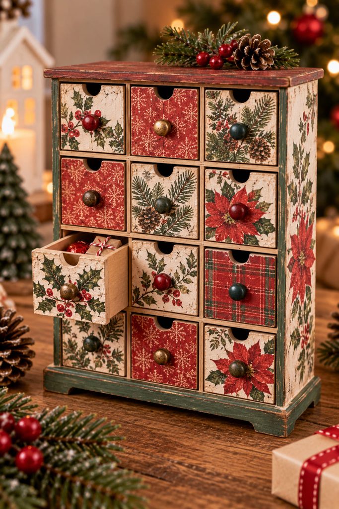 Small Christmas decoupage drawer chest with patterned fronts, clean drawer gaps, and one drawer open.