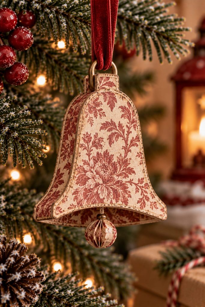 Double-sided bell ornament covered with vintage wallpaper and finished with a lightweight paper clapper.