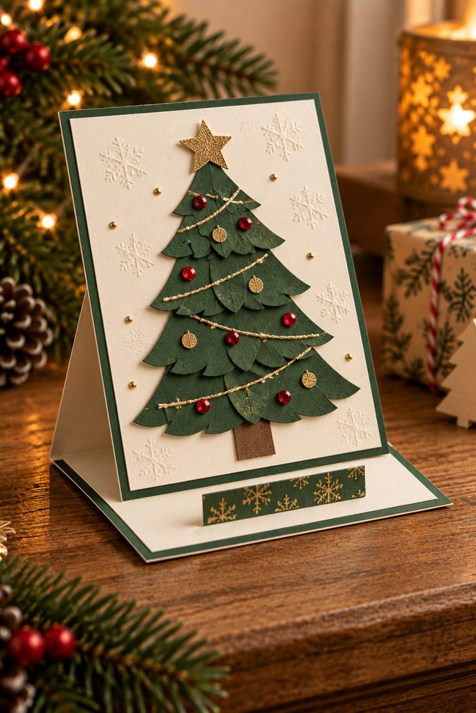 Easel Christmas card standing upright with a classic evergreen tree panel and paper stop.
