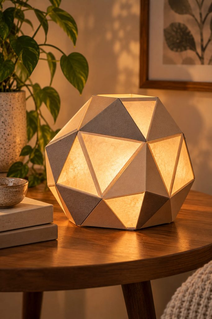 Faceted geometric cardstock lantern with translucent paper windows and warm inner light.
