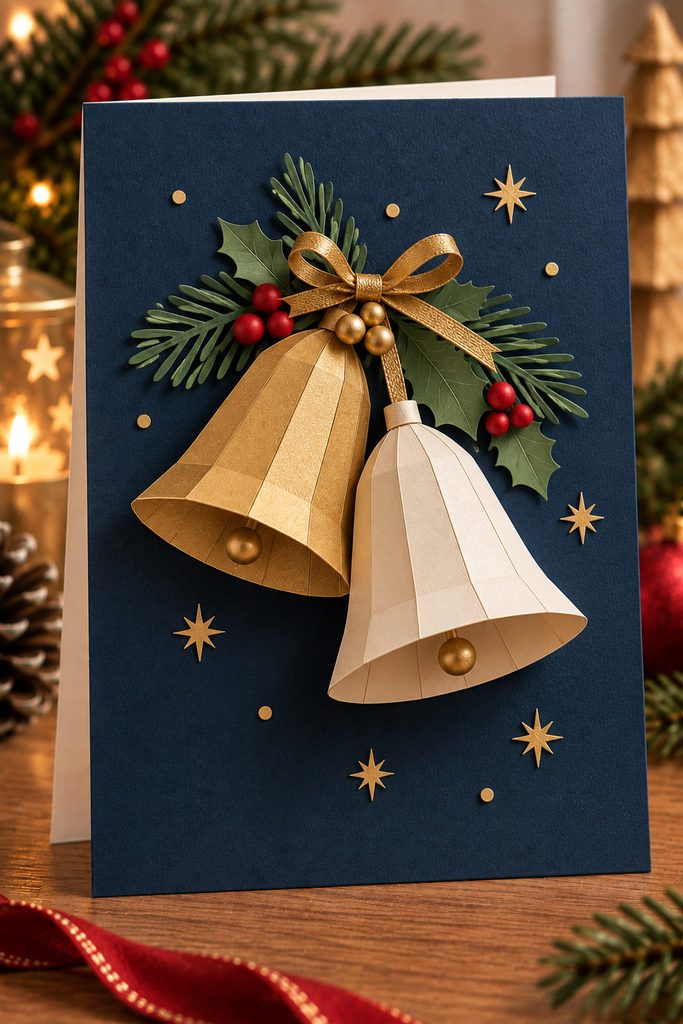Pair of faceted paper Christmas bells with open raised rims on a deep navy card.