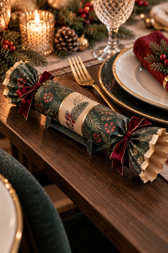 Round Christmas cracker resting on a hidden-style folded paper skid beside a narrow place setting.