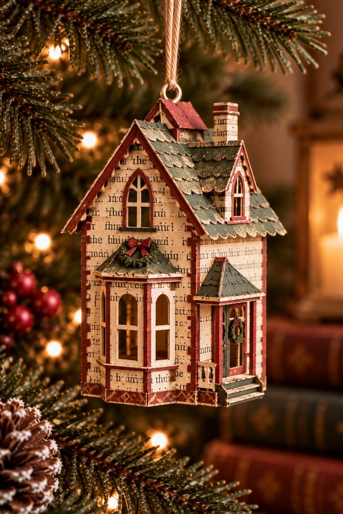 Fold-flat Victorian house ornament with a printed book-page facade and removable paper roof.