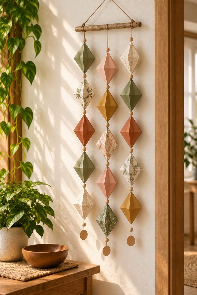Folded paper diamond pendants arranged along narrow vertical hanging strands.