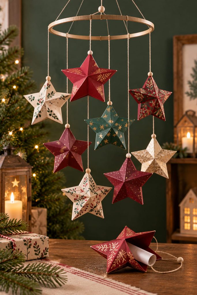 Hanging mobile of folded paper star packets with one advent clue opened below.