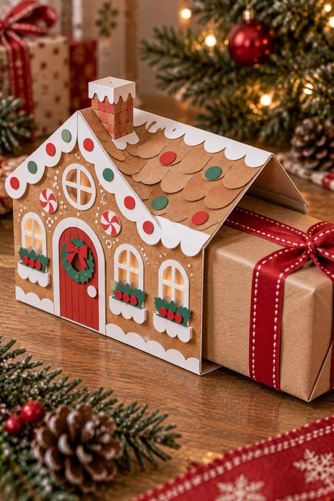 Gingerbread house gift sleeve partly slid from a small boxed present, with flat icing layers and a gabled front.