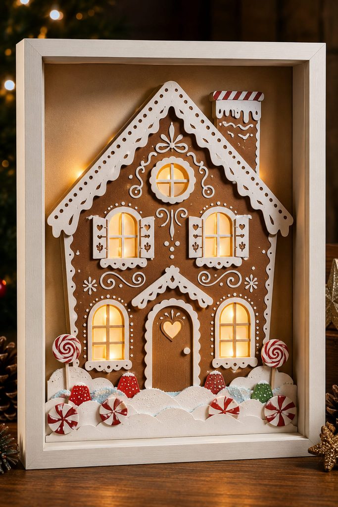 Layered gingerbread house shadow box with glowing windows, paper icing, and snowy candy details.