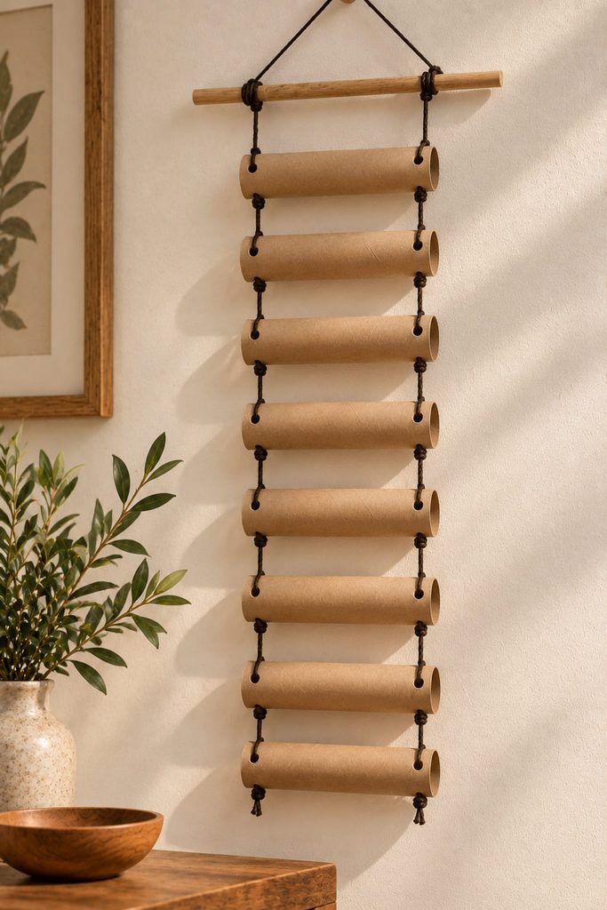 Short cardboard tube sections laced between cords as horizontal rungs in a geometric wall hanging.