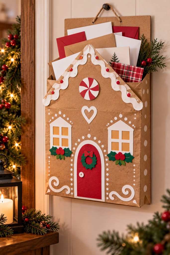 Large kraft gingerbread house wall pocket holding blank holiday cards and envelopes behind the roofline.