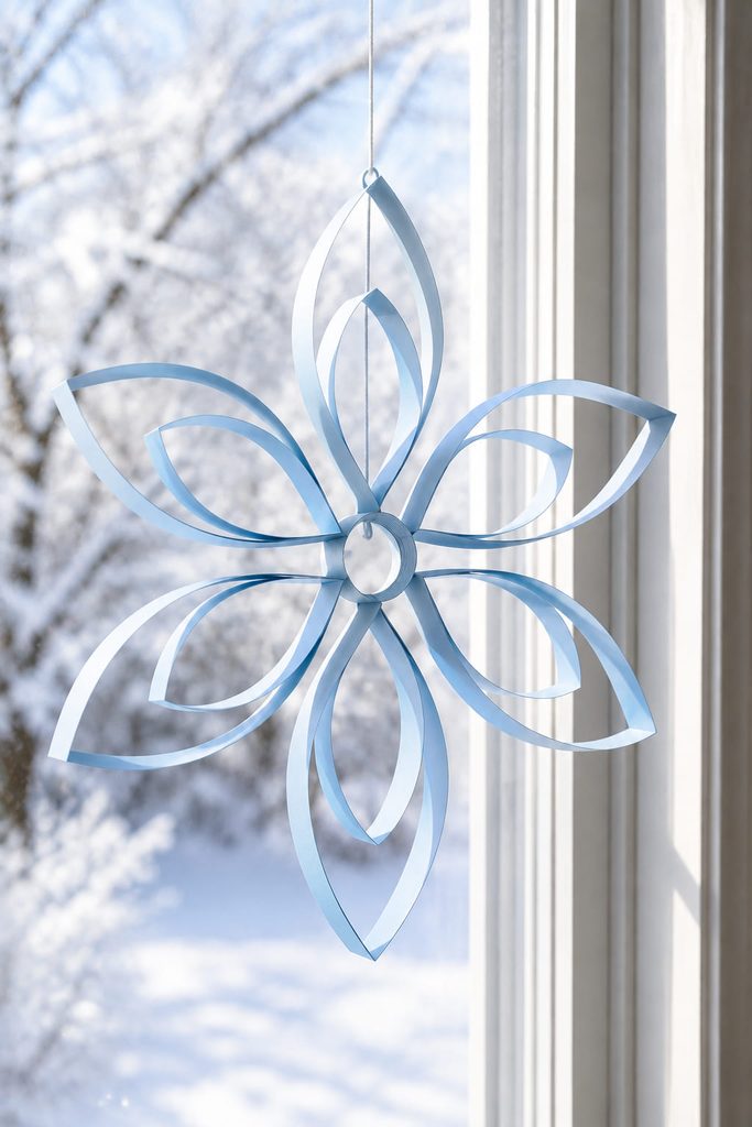 Looped paper-strip snowflake pendant hanging with open curved arms in a window.