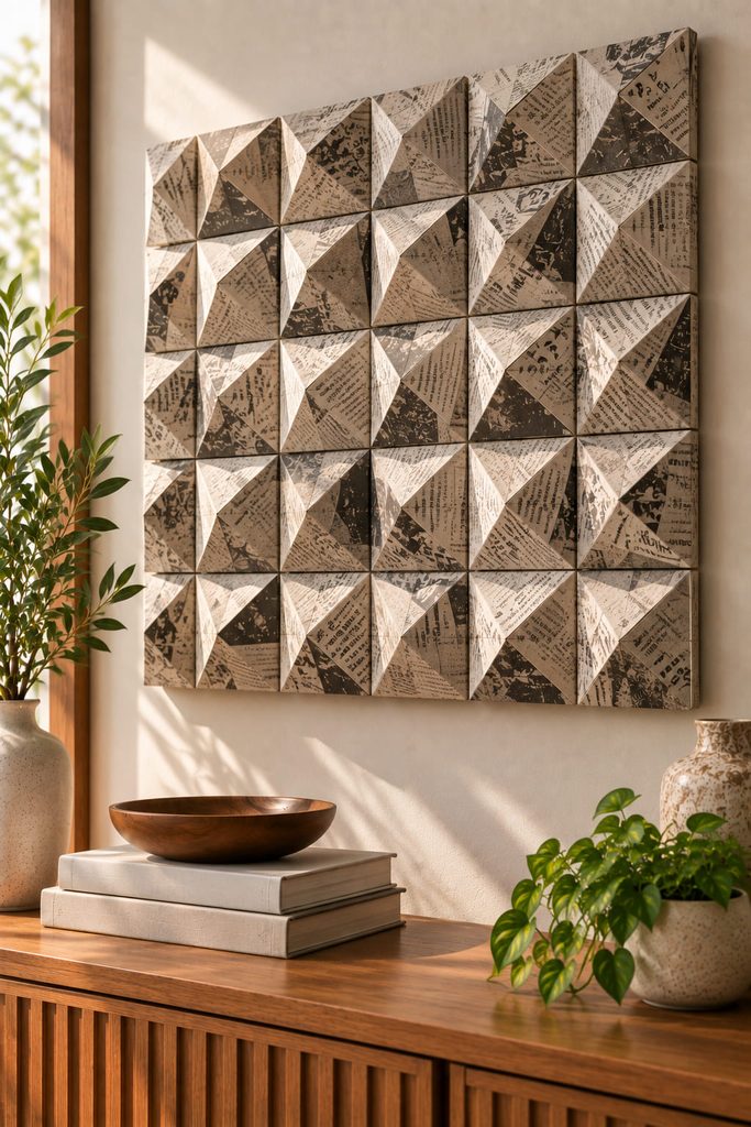 Modular wall panel of shallow newspaper-faced pyramids with crisp folded facets and shadows.