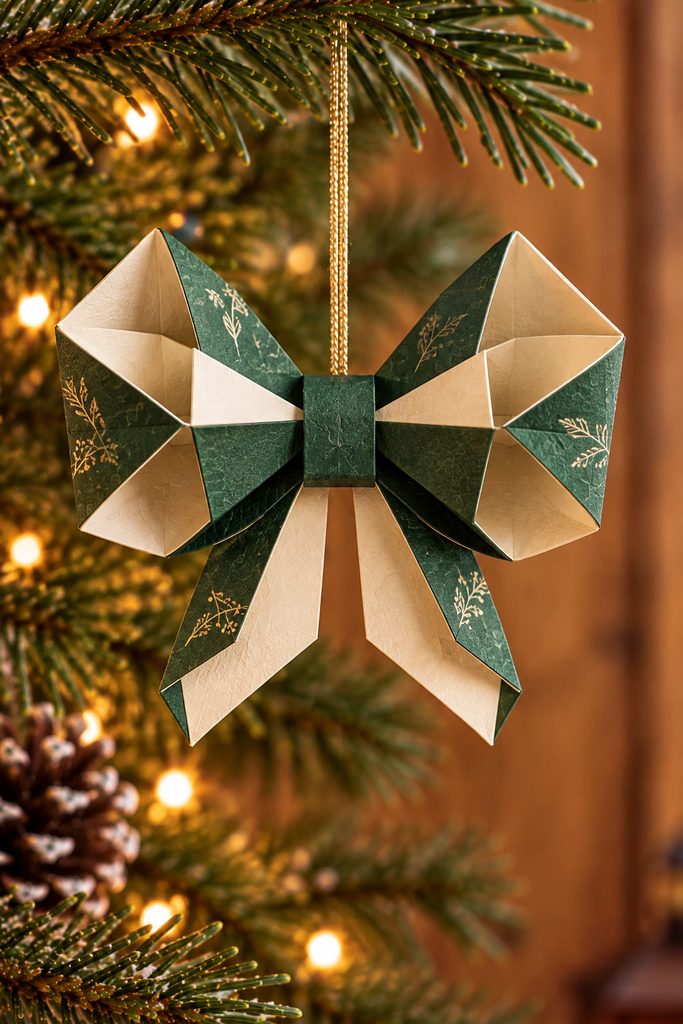 Emerald and cream origami bow ornament with open folded loops and a narrow center band.