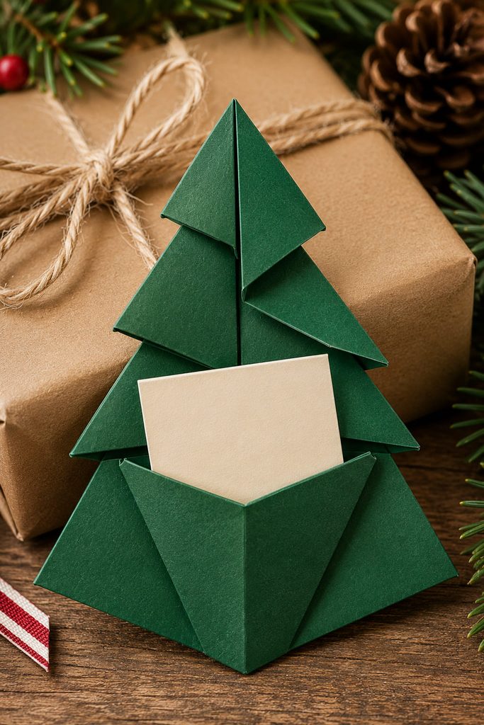 Tree-shaped origami pocket holding a small cream holiday message card.