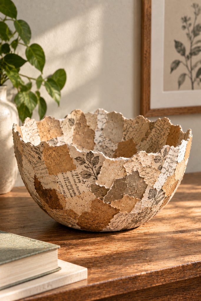 Freestanding papier-mâché decorative bowl with overlapping torn paper strips and a deckled rim.