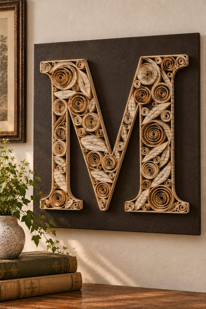 Quilled monogram filled with coils and teardrop shapes rolled from printed book-page strips.