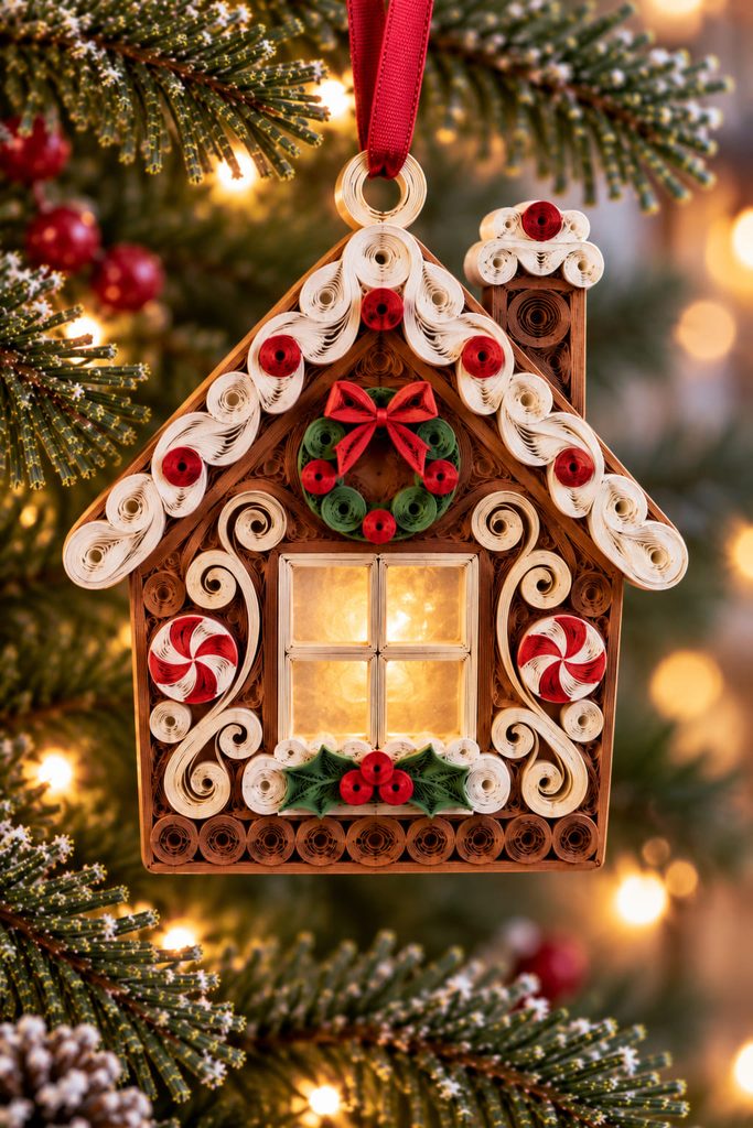 Quilled gingerbread house ornament with candy-like paper coils and a softly glowing translucent vellum window.