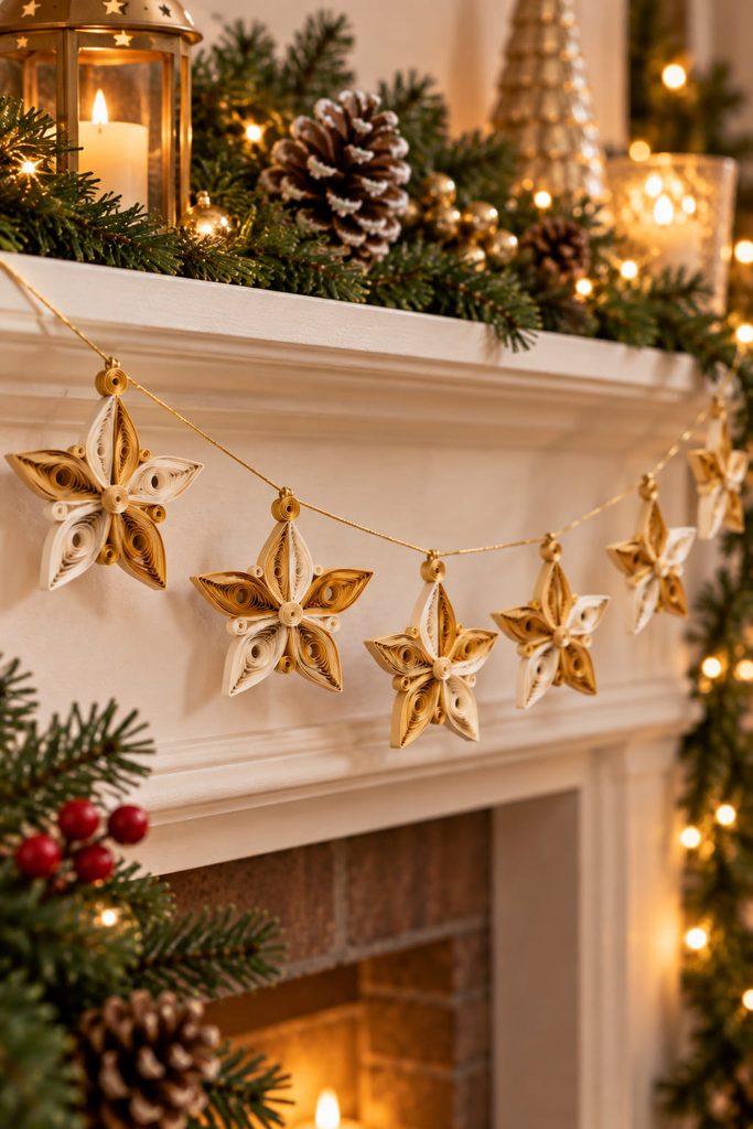 Gold and cream quilled star garland with lightweight repeated units spaced along fine thread.