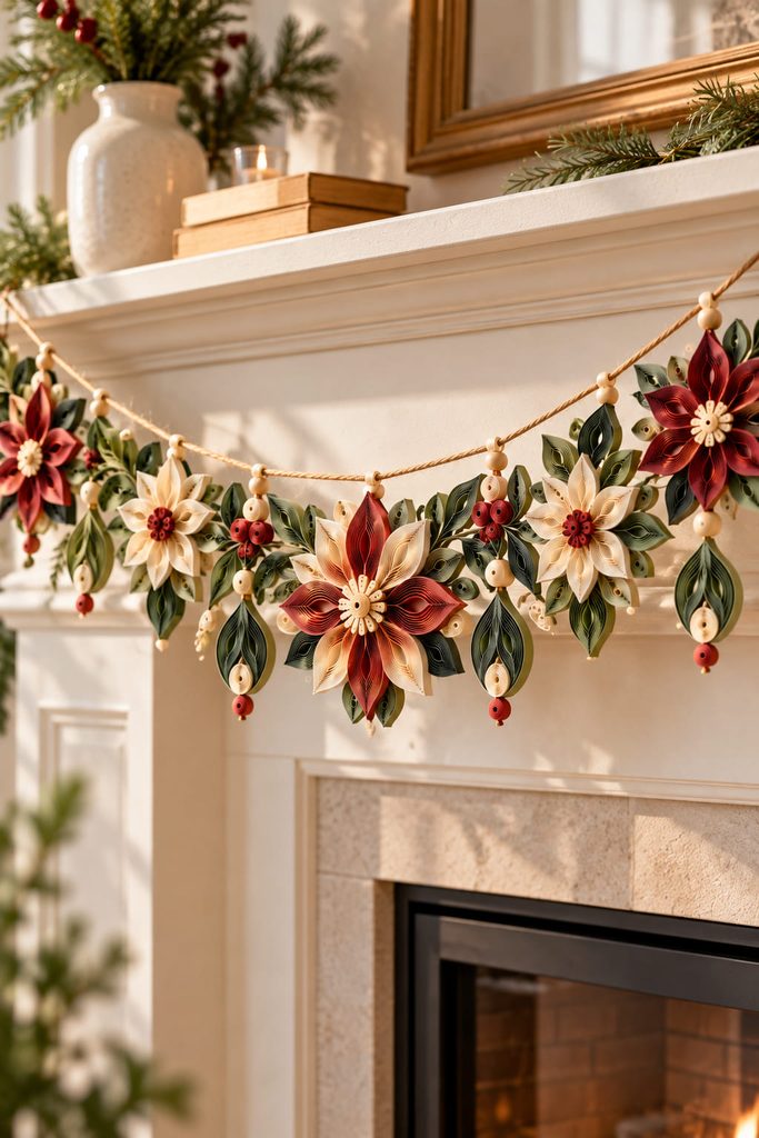 Quilled paper garland with reinforced motifs hanging in a gentle drape across a mantel.