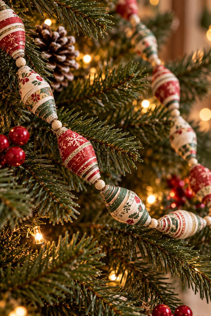 Rolled paper beads made from wrapping-paper scraps threaded through Christmas tree branches.