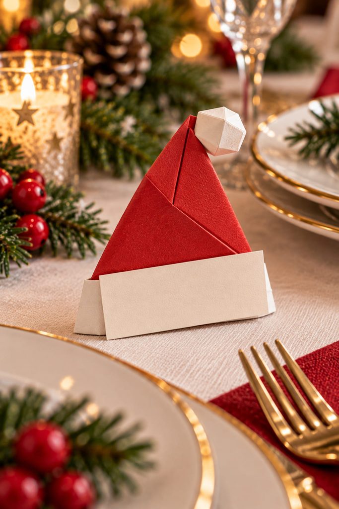 Folded red Santa hat place card standing beside a Christmas dinner setting.