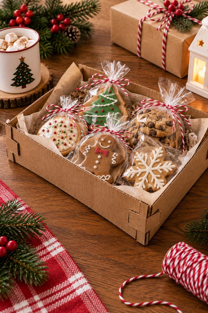 Slot-locked cardboard gift tray lined with parchment and filled with wrapped Christmas cookies.