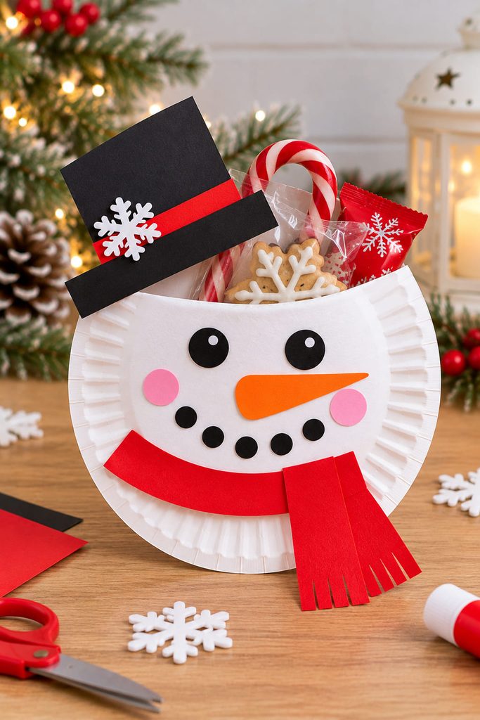 Folded paper plate snowman pocket holding a winter note