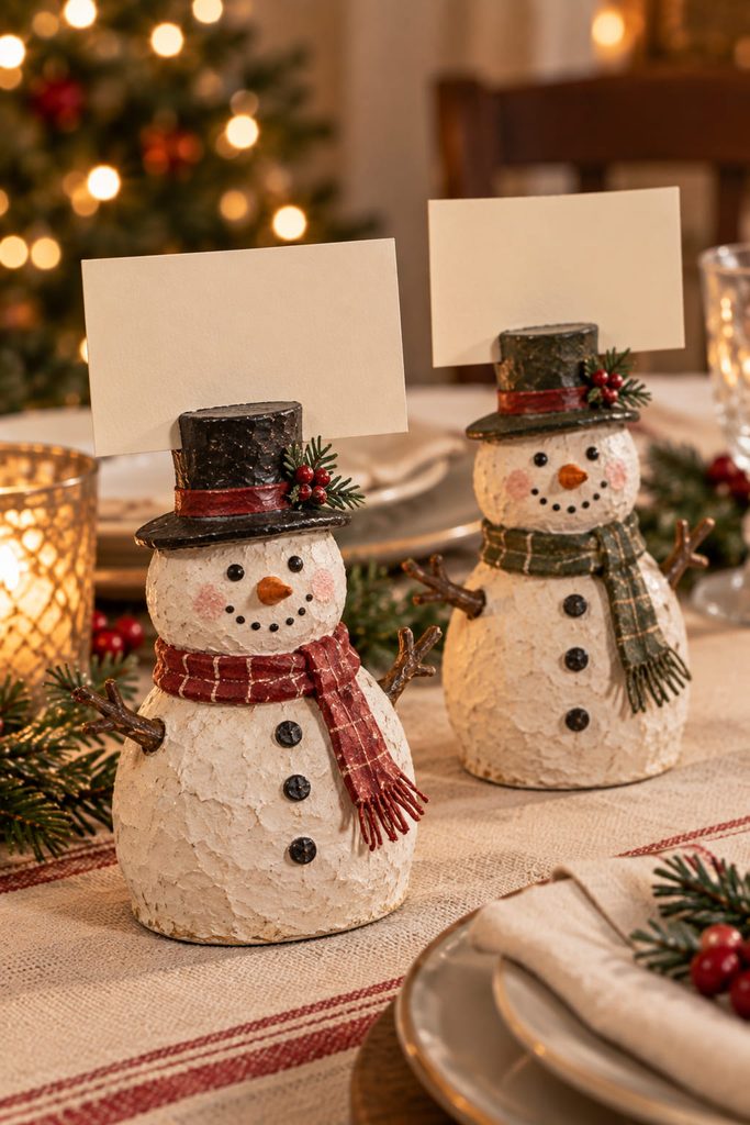 Small paper-mache snowman place-card holders with flat bases and blank cards standing securely in narrow top slots.