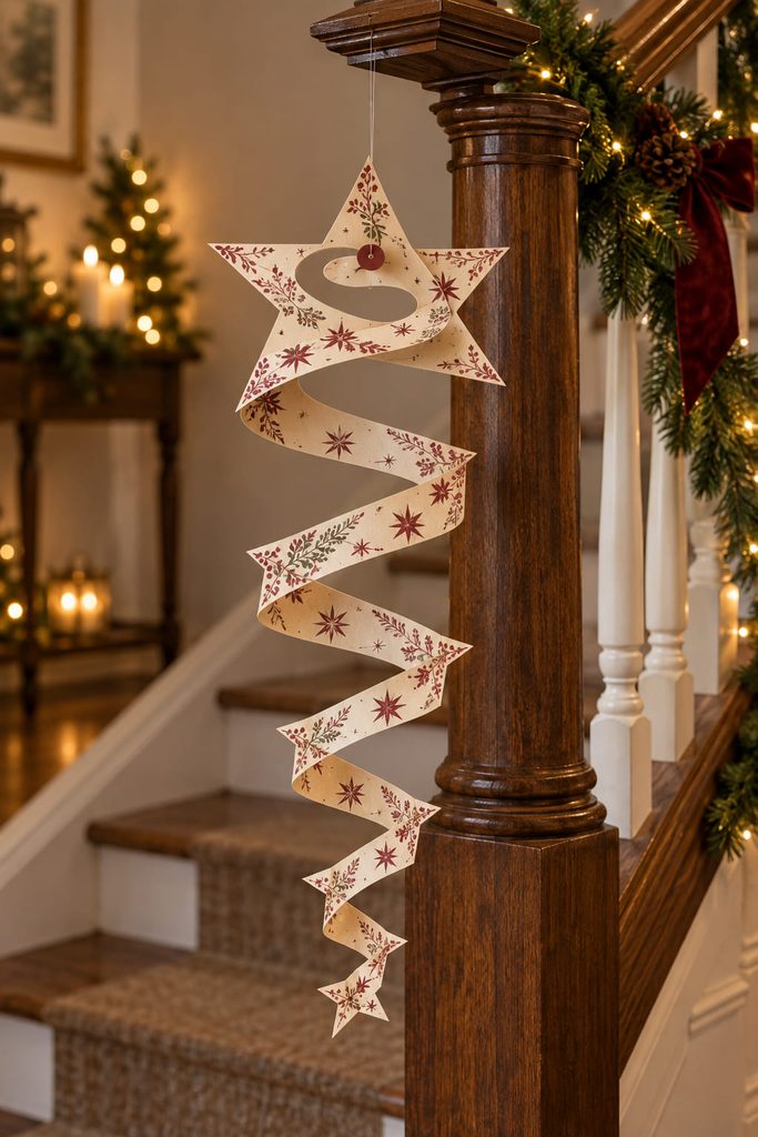 Spiral-cut paper star hanging as a long helix from the inside of a stair newel.