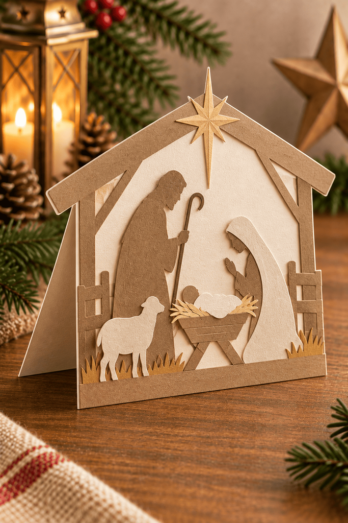 Stable-shaped easel Christmas card standing upright with a simple Holy Family paper scene.