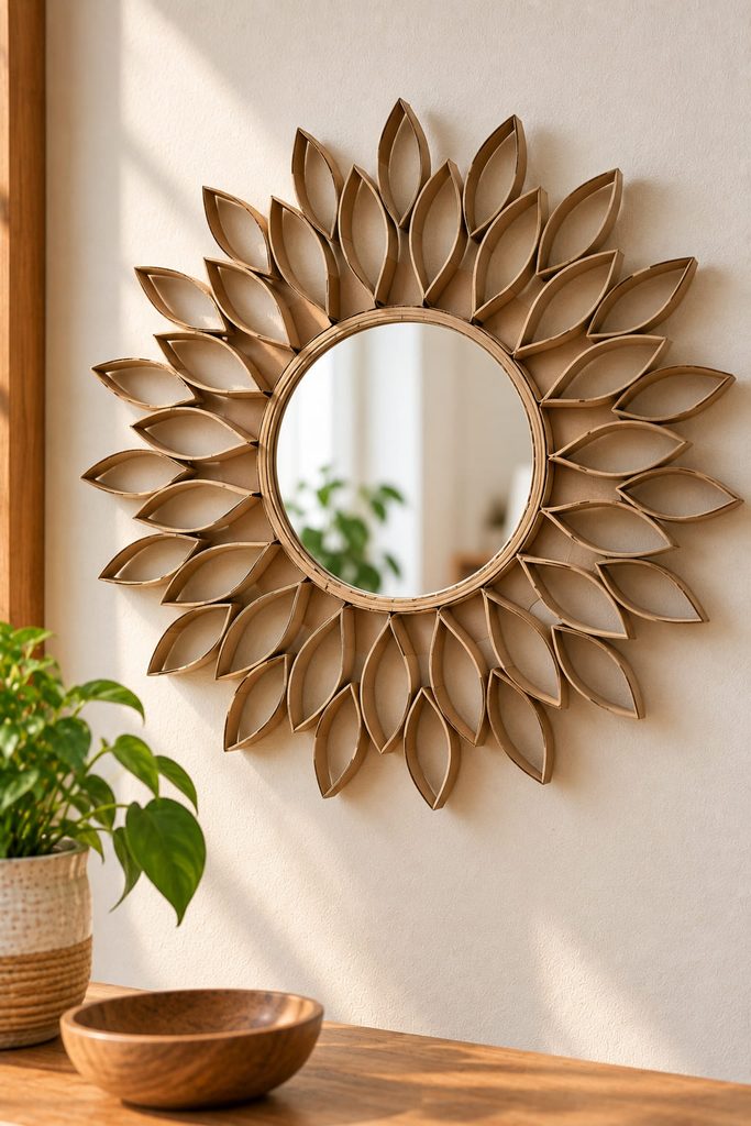 Round craft mirror framed with pointed rays made from flattened cardboard tube slices.