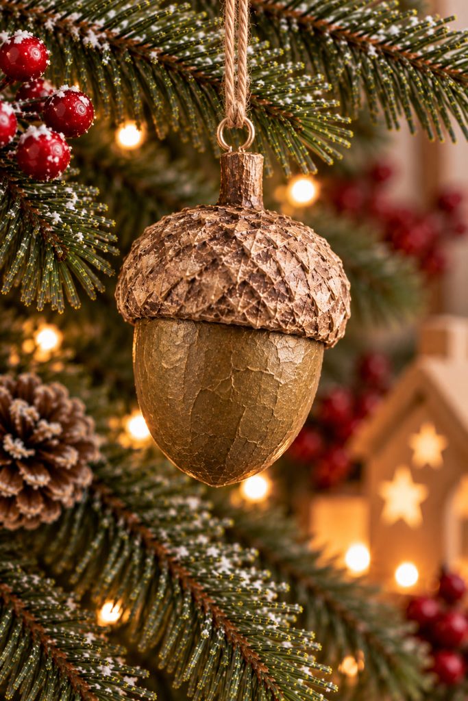 Small paper-mache acorn ornament with a smooth body and rough sculpted pulp cap.