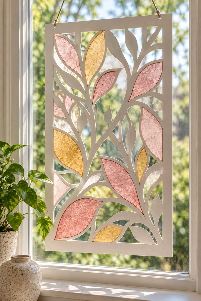 White cutwork window panel with blush and amber tissue paper glowing in natural daylight.