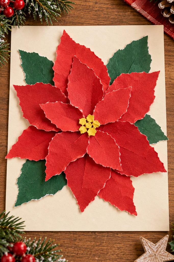 Torn construction-paper poinsettia collage with layered red petals and green leaves.