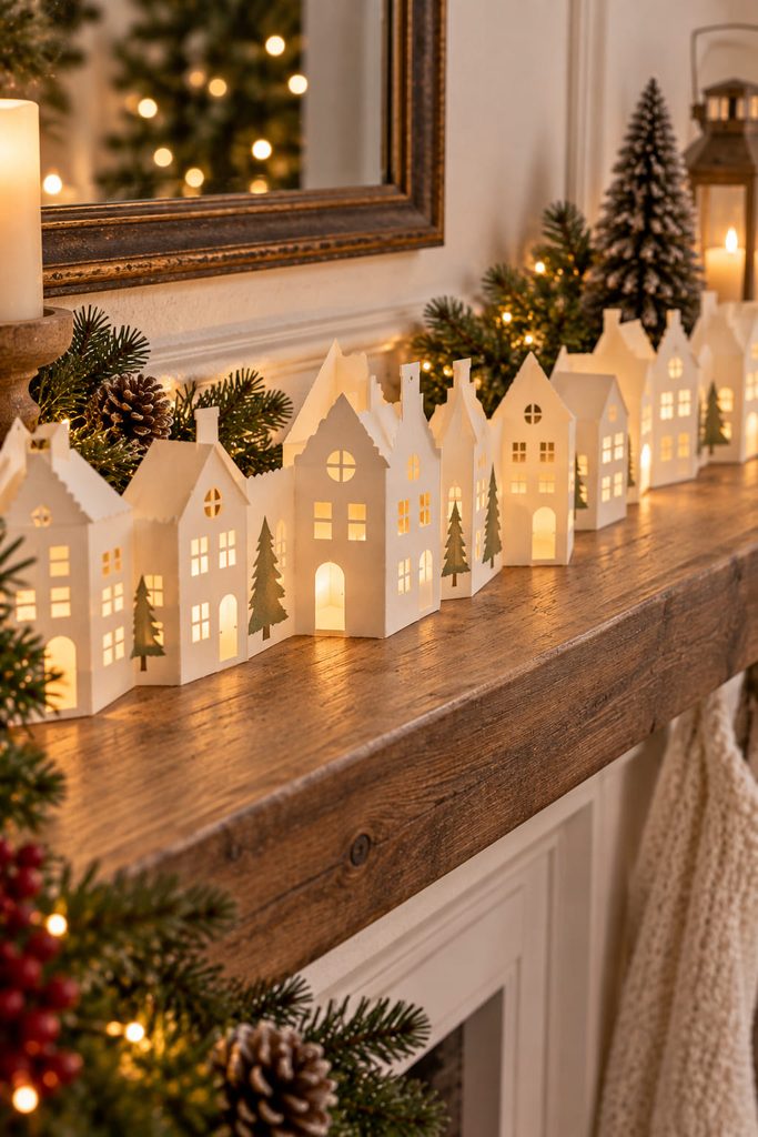 Freestanding accordion paper Christmas village garland displayed across a mantel.