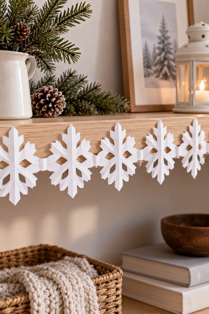 Connected accordion-fold paper snowflake chain displayed along a shelf edge.