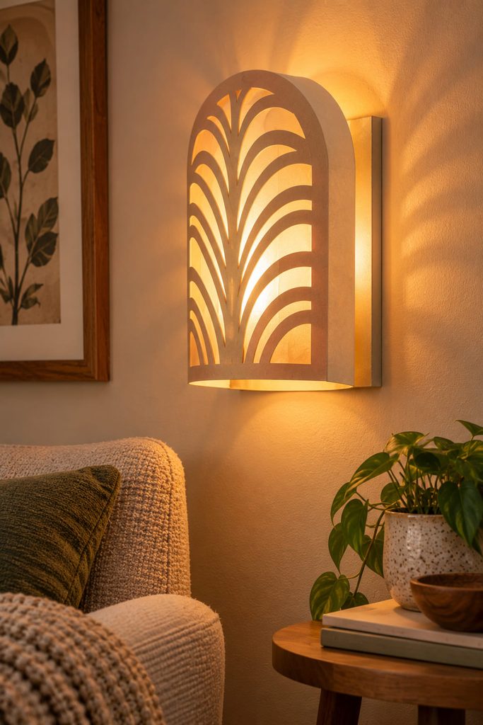Arched paper wall lantern projecting a soft glow from a battery LED behind the screen.