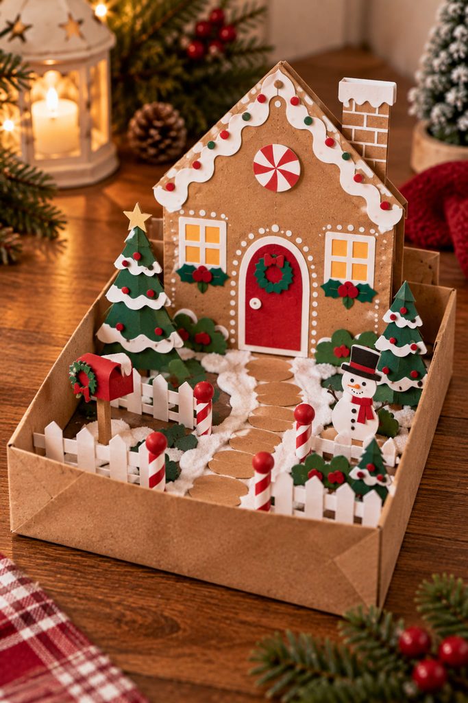 Shallow gingerbread house diorama built in a kraft paper bag bottom with layered paper scenery.