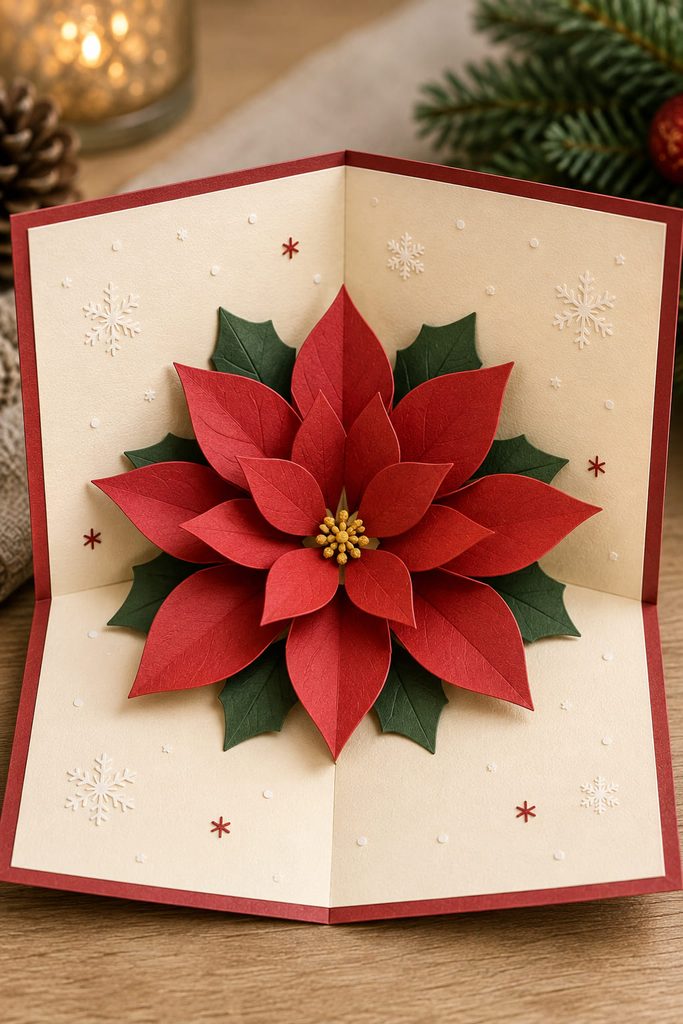 Red paper poinsettia blooming from the center of an open cream Christmas card.