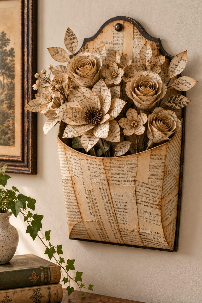 Wall-mounted book-page pocket holding a lightweight bouquet of handmade printed-paper flowers.