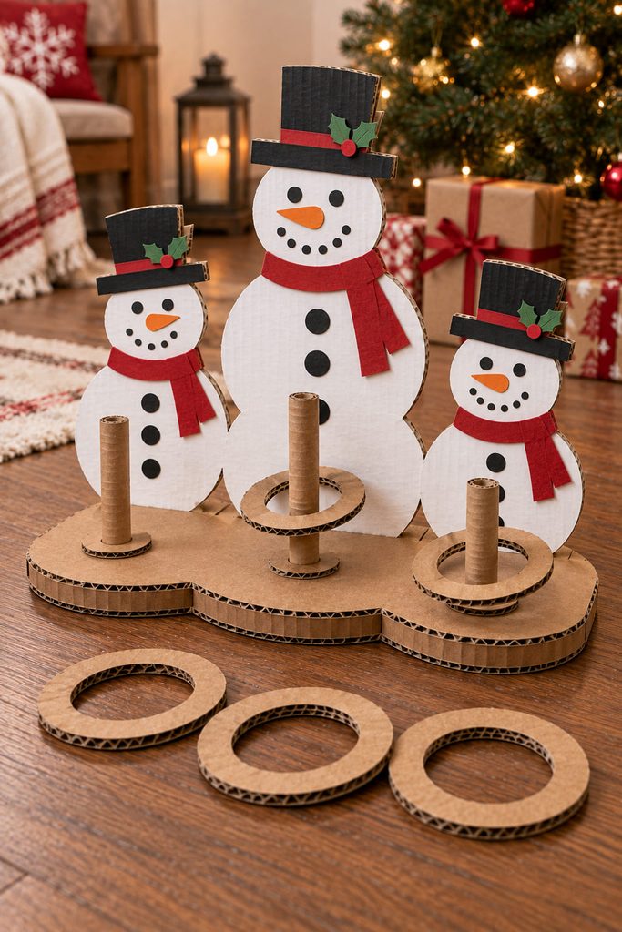 Cardboard snowman ring-toss game with anchored target posts and lightweight throwing rings.