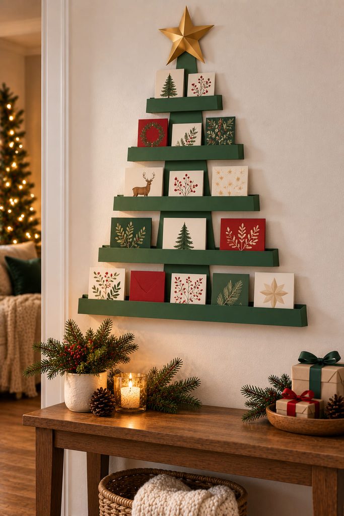 Tiered cardstock rails forming a Christmas tree while holding several holiday greeting cards.