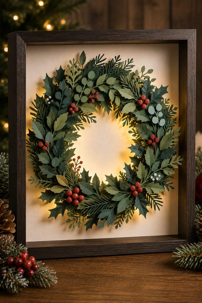 Layered paper Christmas wreath inside a shadow box with an open softly illuminated center.