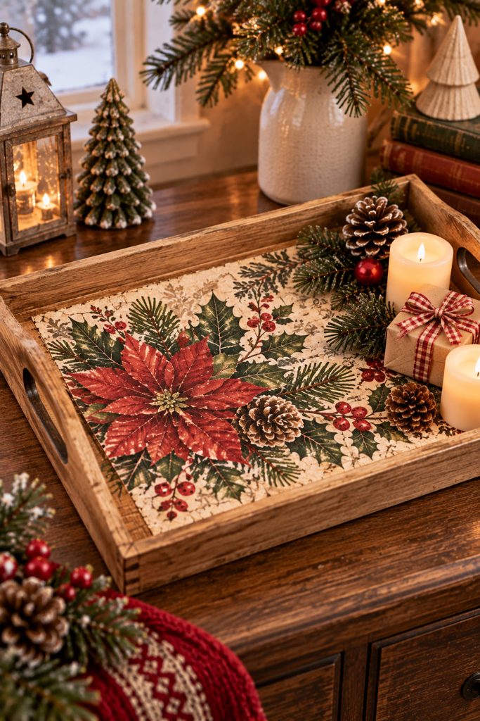 Wooden Christmas tray with a large decoupaged winter botanical center used as a base for dry holiday decor.