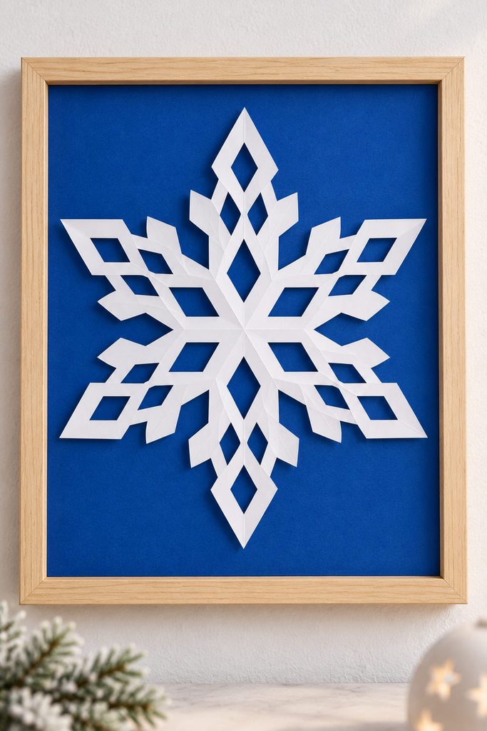 Diamond lattice paper snowflake displayed over cobalt backing in a light wood frame.