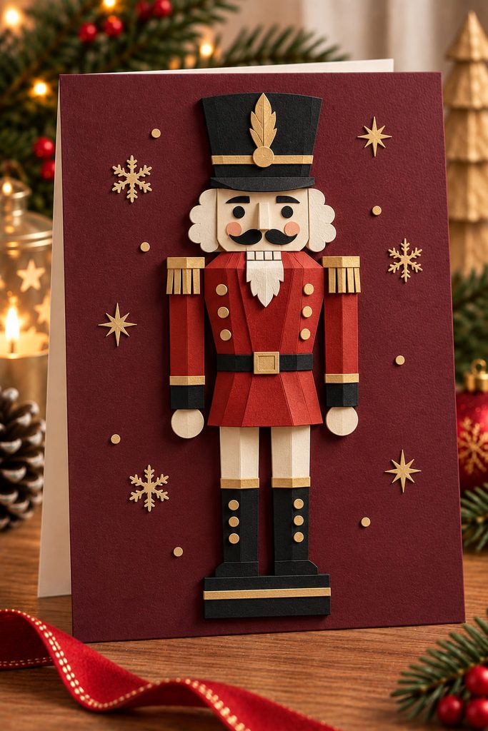 Paper nutcracker with a faceted raised torso and layered face on a burgundy Christmas card.